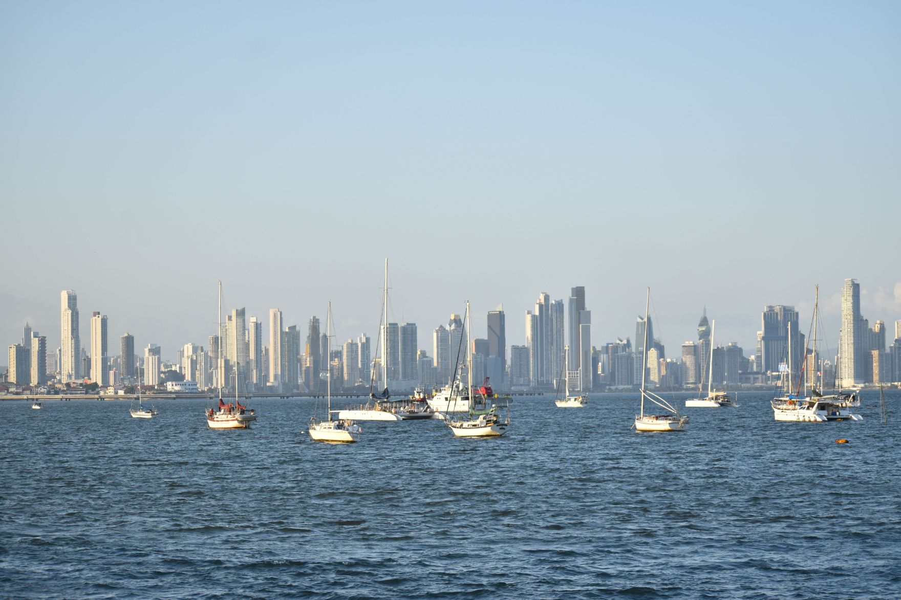 Veleros anclados en la bahía de Panamá con el skyline detrás