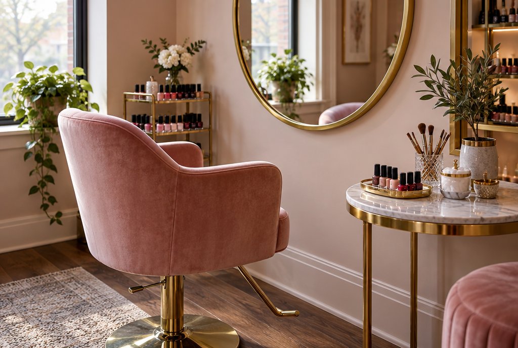 Estación vacía de salón de belleza con silla de terciopelo rosa